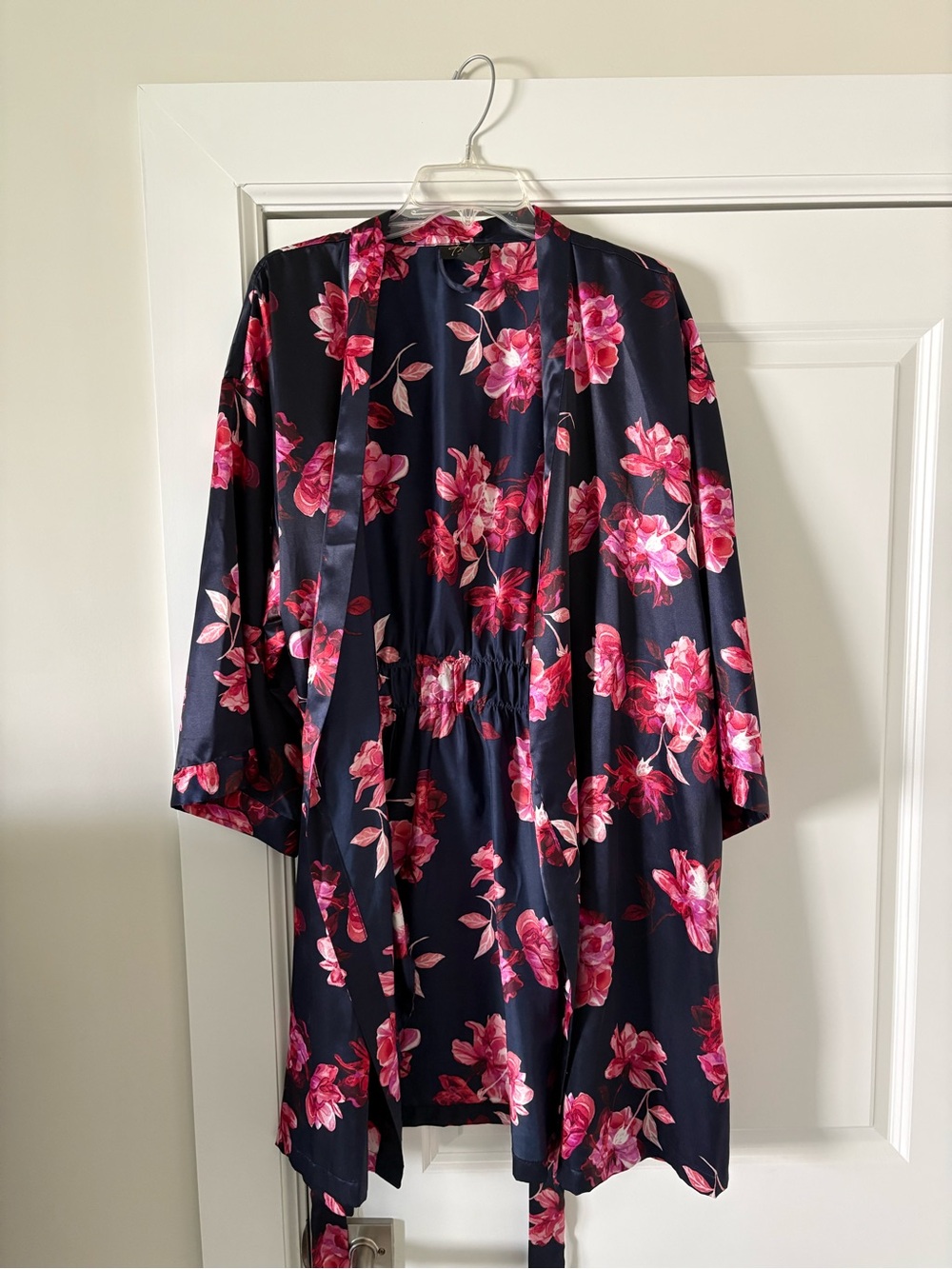 Thalia Sodi Navy Satin Robe with Pink Floral Print